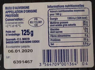 Lista de ingredientes del producto Bleu d'Auvergne au lait de vache pasteurisé Nos régions ont du talent 125 g