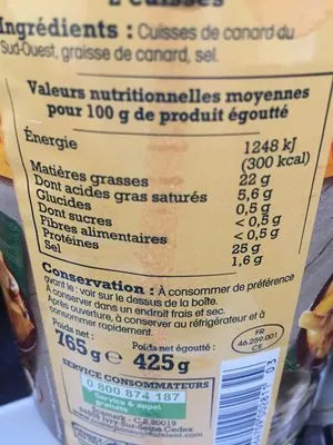 Lista de ingredientes del producto Confit de Canard du Sud-Ouest IGP Nos Régions ont du Talent, Scamark (Filiale E. Leclerc) 765 g (2 Cuisses)