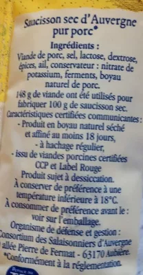 Lista de ingredientes del producto Saucisson sec d'Auvergne Nos Régions ont du Talent, Scamark (Filiale E. Leclerc),  Leclerc 300 g