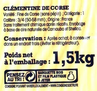 Lista de ingredientes del producto Clémentine de Corse E Leclerc, Nos Régions ont du Talent 1,5 kg