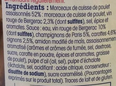 Lista de ingredientes del producto Coq au Vin de Bergerac Nos Régions Ont du Talent, Leclerc 750 g