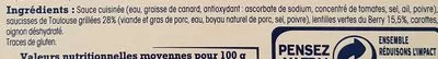 Lista de ingredientes del producto Saucisses de Toulouse aux lentilles vertes du Berry Nos régions ont du talent, Conserverie du Languedoc,  Leclerc 300 g