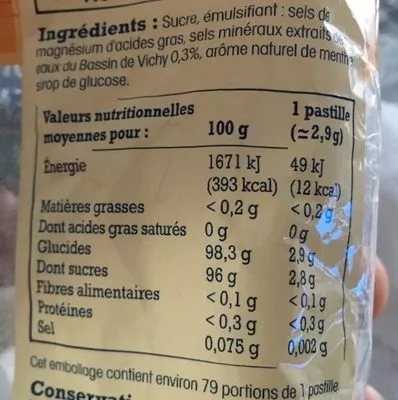 Lista de ingredientes del producto Pastille du Bassin de Vichy Nos Régions Ont Du Talent, Leclerc 230 g