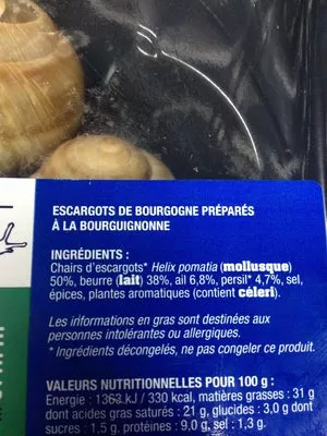 Lista de ingredientes del producto Escargot de bourgogne prepares Billot 