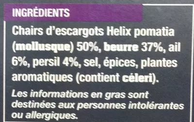 Lista de ingredientes del producto 12 escargots de Bourgogne à la bourguignonne surgelés Française de Gastronomie 125 g