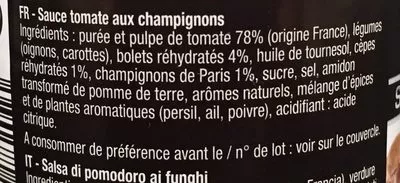 Lista de ingredientes del producto Sauce champignons bolets et cèpes Les Délices de Savino 190 g