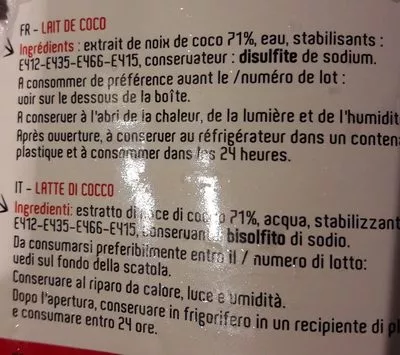 Lista de ingredientes del producto Lait de coco Chao An 400 ml