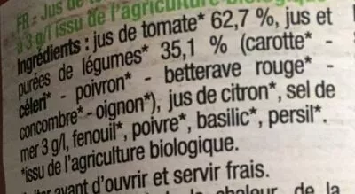 Lista de ingredientes del producto Jus de tomate et légumes Agidra 75cL