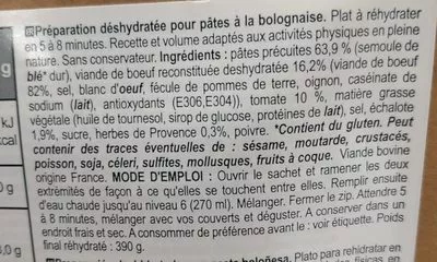 Lista de ingredientes del producto Plat lyophilisé - Pates a la bolognaise Aptonia 390 g (rehydraté)