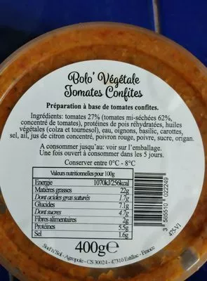 Lista de ingredientes del producto Bolo végétale Sud'n'sol, Veg a table 