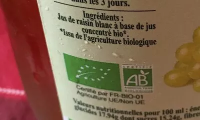 Lista de ingredientes del producto Jus de raisin blanc bio Finesse des vergers 