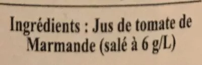 Lista de ingredientes del producto Pur jus de tomate de Marmande Finesse des Vergers 