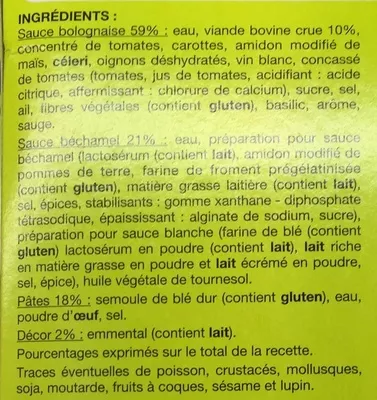 Lista de ingredientes del producto Lasagnes à la bolognaise, Surgelées Auchan, Pouce, Auchan Production, Groupe Auchan 1 kg