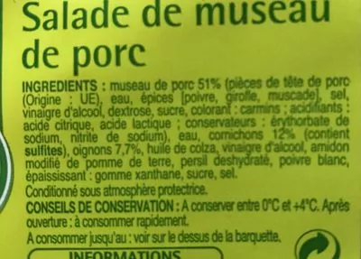 Lista de ingredientes del producto Salade de museau de porc Auchan 