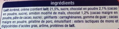 Lista de ingredientes del producto Liégeois au Chocolat Auchan 400 g (4 * 100 g e)