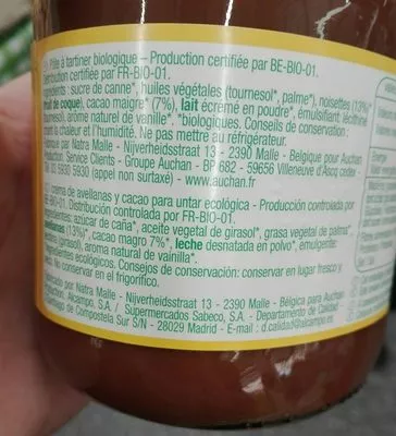 Lista de ingredientes del producto Pâte à tartiner bio Auchan 400 g e