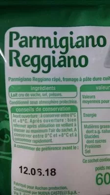 Lista de ingredientes del producto Parmigiano Reggiano rapé L'oiseau, Auchan 60 g