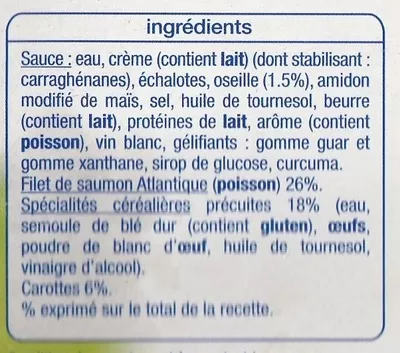 Lista de ingredientes del producto Saumon Atlantique sauce oseille et ses torsades Auchan, L'oiseau, Auchan Production, Groupe Auchan 300 g