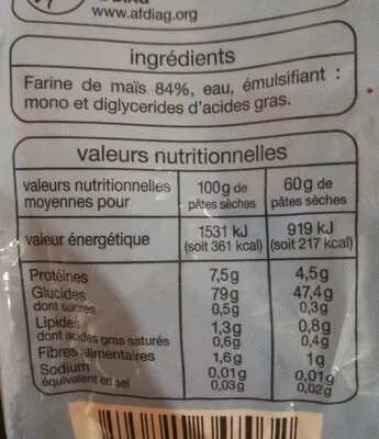 Lista de ingredientes del producto Sans Gluten Penne a la farine de mais Auchan 