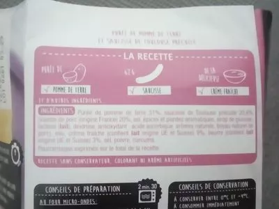 Lista de ingredientes del producto Saucisse braisee et puree a la creme Auchan 