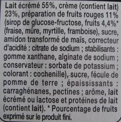 Lista de ingredientes del producto Panna Cotta sur lit de Fruits Rouges Auchan, L'oiseau, Auchan Production, Groupe Auchan 360 g (4 x 90 g)