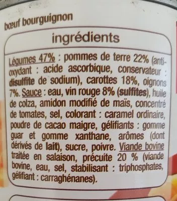 Lista de ingredientes del producto Boeuf bourguignon Auchan 400g