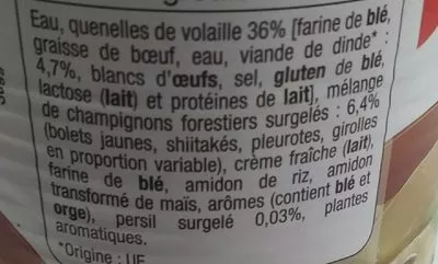 Lista de ingredientes del producto Quenelles de volaille sauce champignon Auchan 400 g