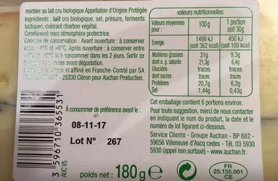 Lista de ingredientes del producto Bio morbier Auchan 180 g