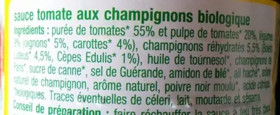 Lista de ingredientes del producto Sauce tomate aux Champignons Auchan BIO, Auchan, L'oiseau, Auchan Production, Groupe Auchan 200 g, 212 ml