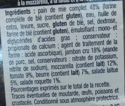 Lista de ingredientes del producto Pause Snack Jambon cru Mozarella Laitue Roquette Auchan 210 g