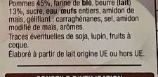 Lista de ingredientes del producto Tarte Normande Pur Beurre Auchan 1100 g e