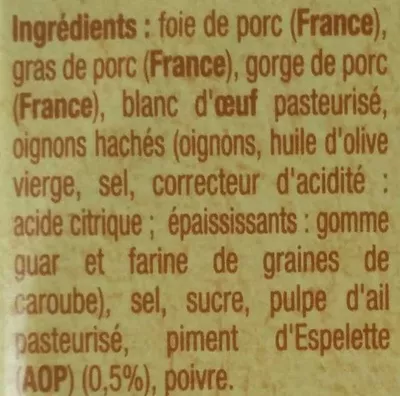 Lista de ingredientes del producto Pâté aux piments d'Espelette Auchan 180 g e