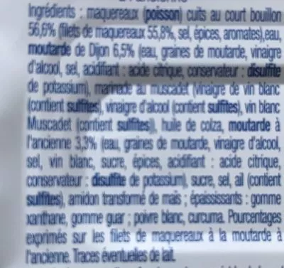 Lista de ingredientes del producto Filets de maqueraux, sauce moutarde à l'ancienne Auchan 113 g e