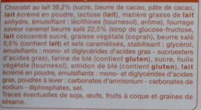 Lista de ingredientes del producto Barres fourrées Choco-Caramel (6 biscuits) Auchan, L'oiseau, Auchan Production, Groupe Auchan 125 g