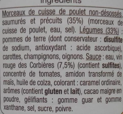 Lista de ingredientes del producto Coq au vin Auchan 400 g