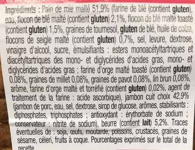 Lista de ingredientes del producto Pause Snack Jambon Pain de mie malté Auchan 230 g