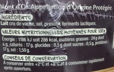 Lista de ingredientes del producto Mmm mont d'or AOP Auchan 