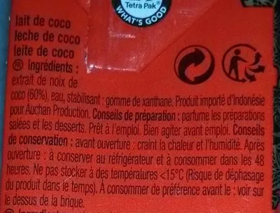 Lista de ingredientes del producto Lait de coco Auchan 200 ml