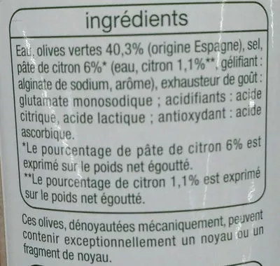 Lista de ingredientes del producto Olives Vertes farce citron Auchan 350 g (150 g égoutté)