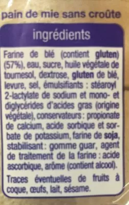 Lista de ingredientes del producto Carré de mie Nature Auchan 500 g