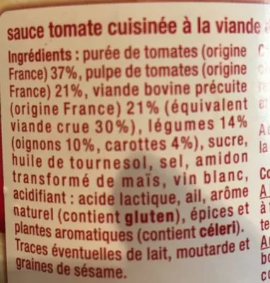 Lista de ingredientes del producto Sauce tomate bolognaise + riche en boeuf Auchan 