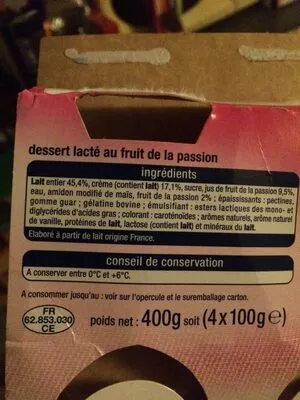 Lista de ingredientes del producto Liégeois fruits de la passion Auchan 400 g