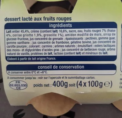 Lista de ingredientes del producto Liégeois fruits rouges Auchan 400 g