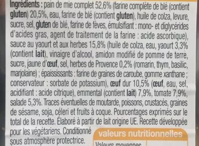 Lista de ingredientes del producto Crudités Œuf Emmental (Pain de mie Complet) Pause Snack Veggie, Pause Snack, Auchan 190 g (2 sandwichs)