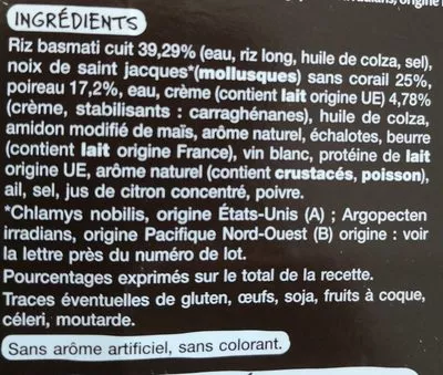 Lista de ingredientes del producto Saint Jacques fondue de poireaux et riz basmati Auchan, Mmm! 280 g