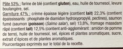 Lista de ingredientes del producto Pizza Saumon Crème + Fromage Maasdam Auchan 400 g