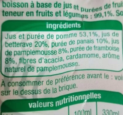 Lista de ingredientes del producto Boisson betterave panais framboise Auchan 3 x 33 cl