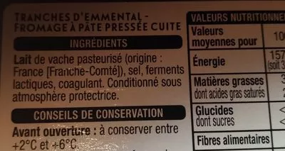 Lista de ingredientes del producto Emmental dégustation Auchan 150 g