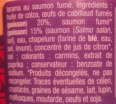 Lista de ingredientes del producto Tarama au saumon fume Auchan 100 g