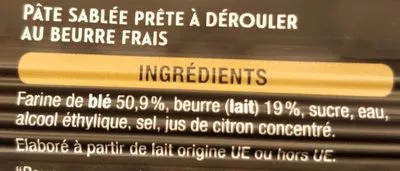 Lista de ingredientes del producto Pâte sablée Auchan 